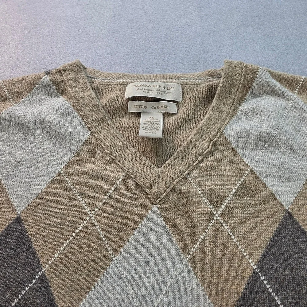 Banana Republic Mens XL Argyle Sweater Vest Tan Cotton Cashmere V-Neck Knit